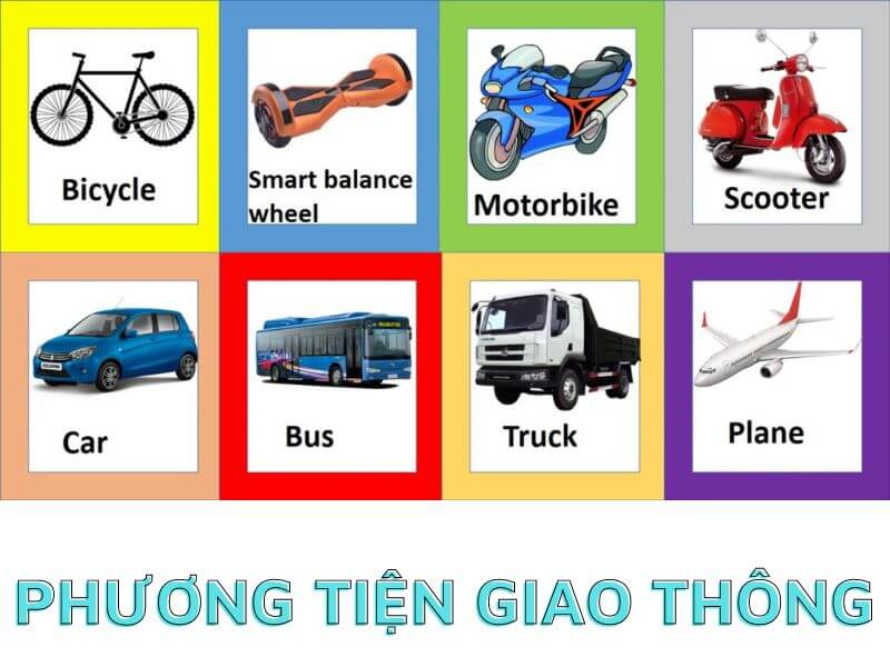 Hình ảnh tiếng Anh cho bé về chủ đề phương tiện giao thông.